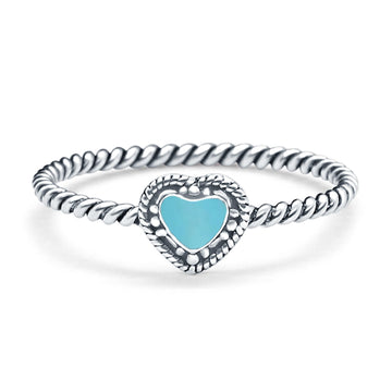 Petite Dainty Heart Promise Ring Band Simulated Turquoise Oxidized Braided 925 Sterling Silver